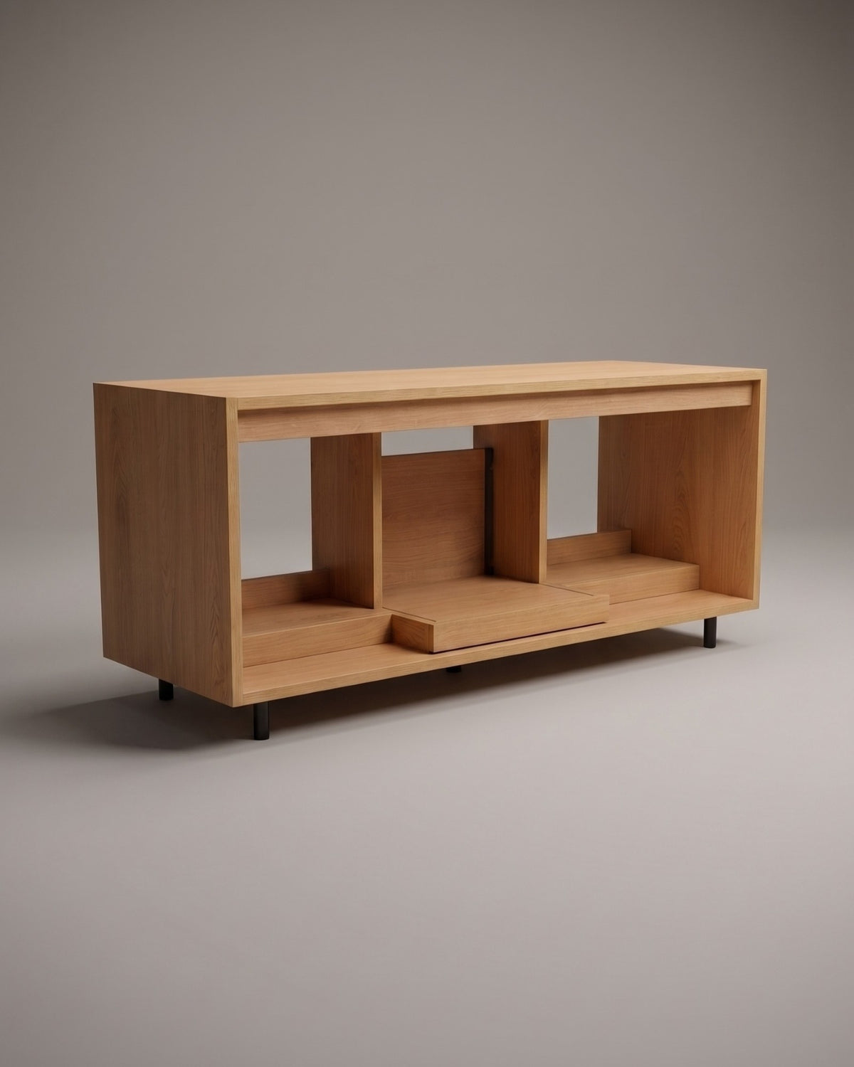 Bloom Console in a Corbridge oak finish, angled and empty, showing its three bays and raised bases — Groovaly