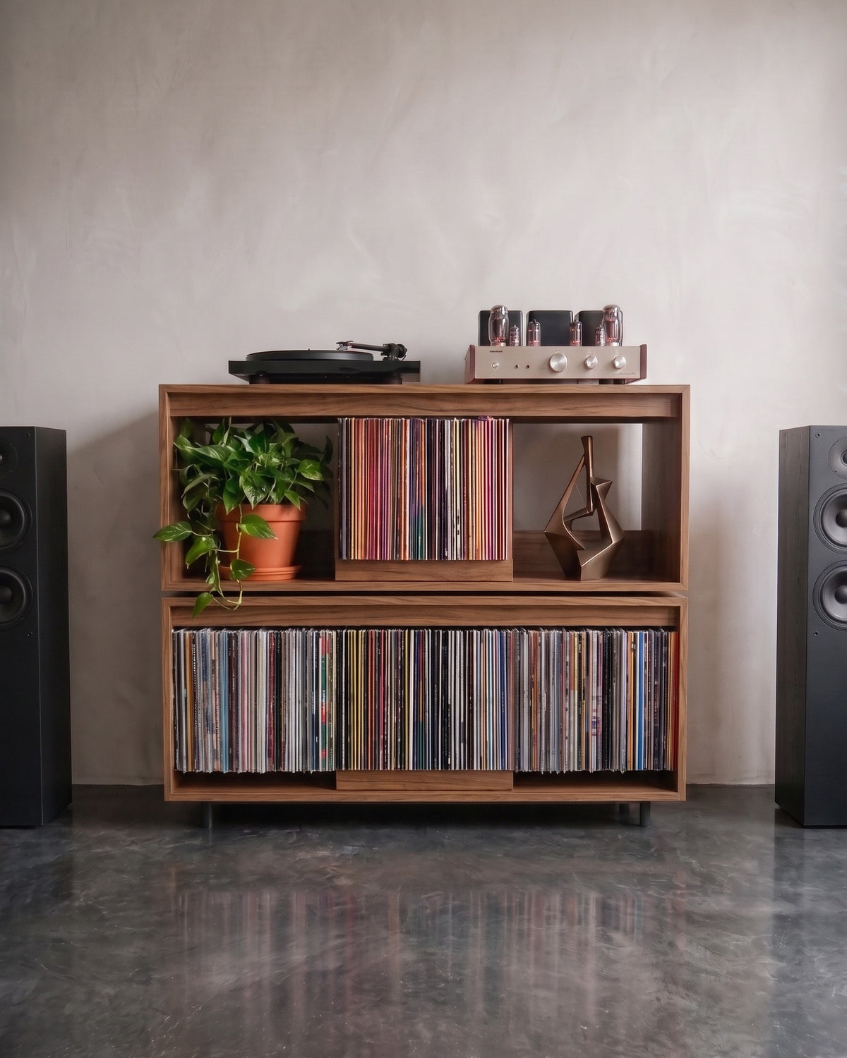Two Bloom Consoles stacked in a walnut finish as a hi-fi cabinet, turntable and tube amp on top — Groovaly