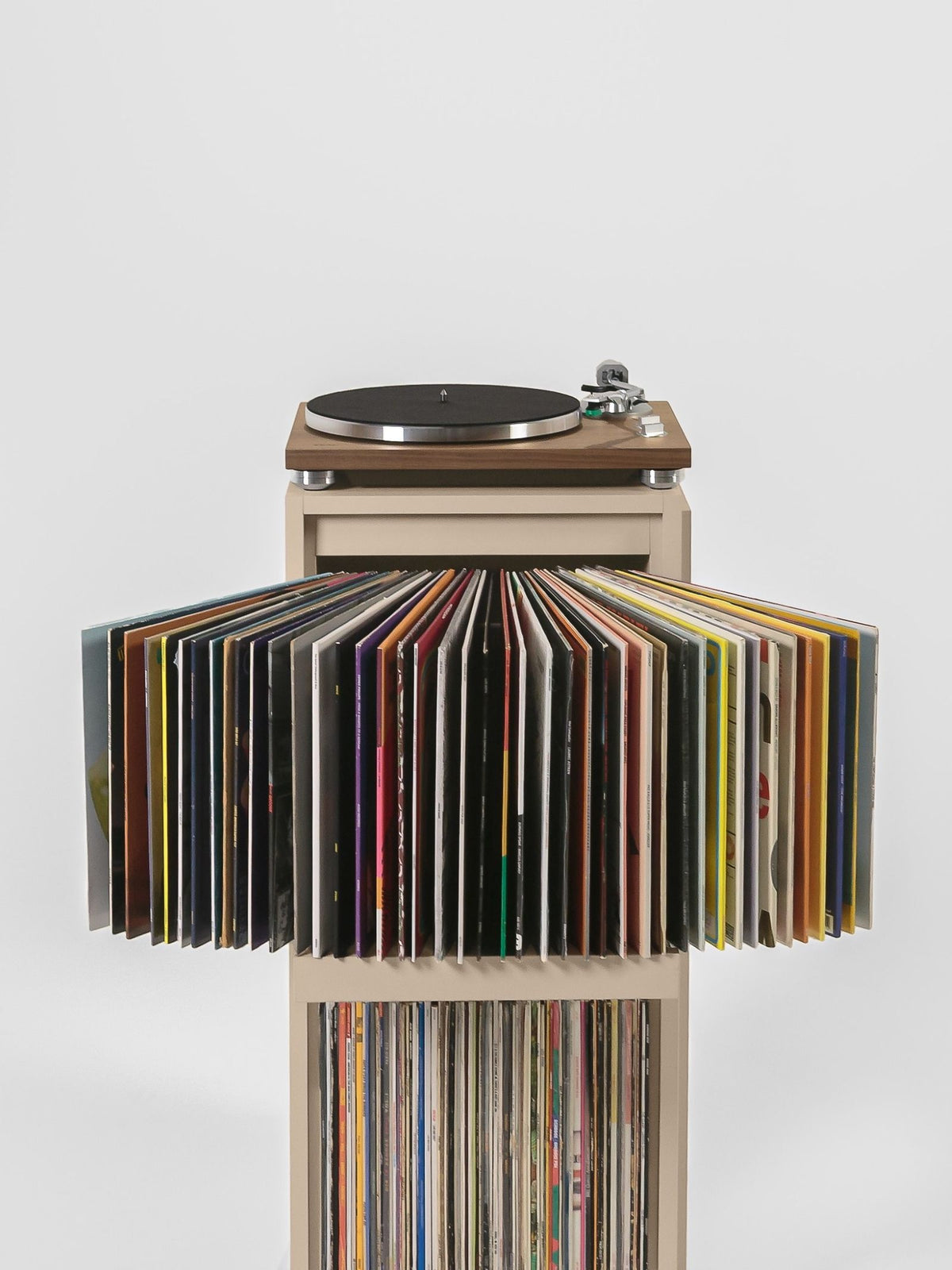 A Bloom fan-drawer fanned open below a turntable, in a custom-built record cabinet — Groovaly