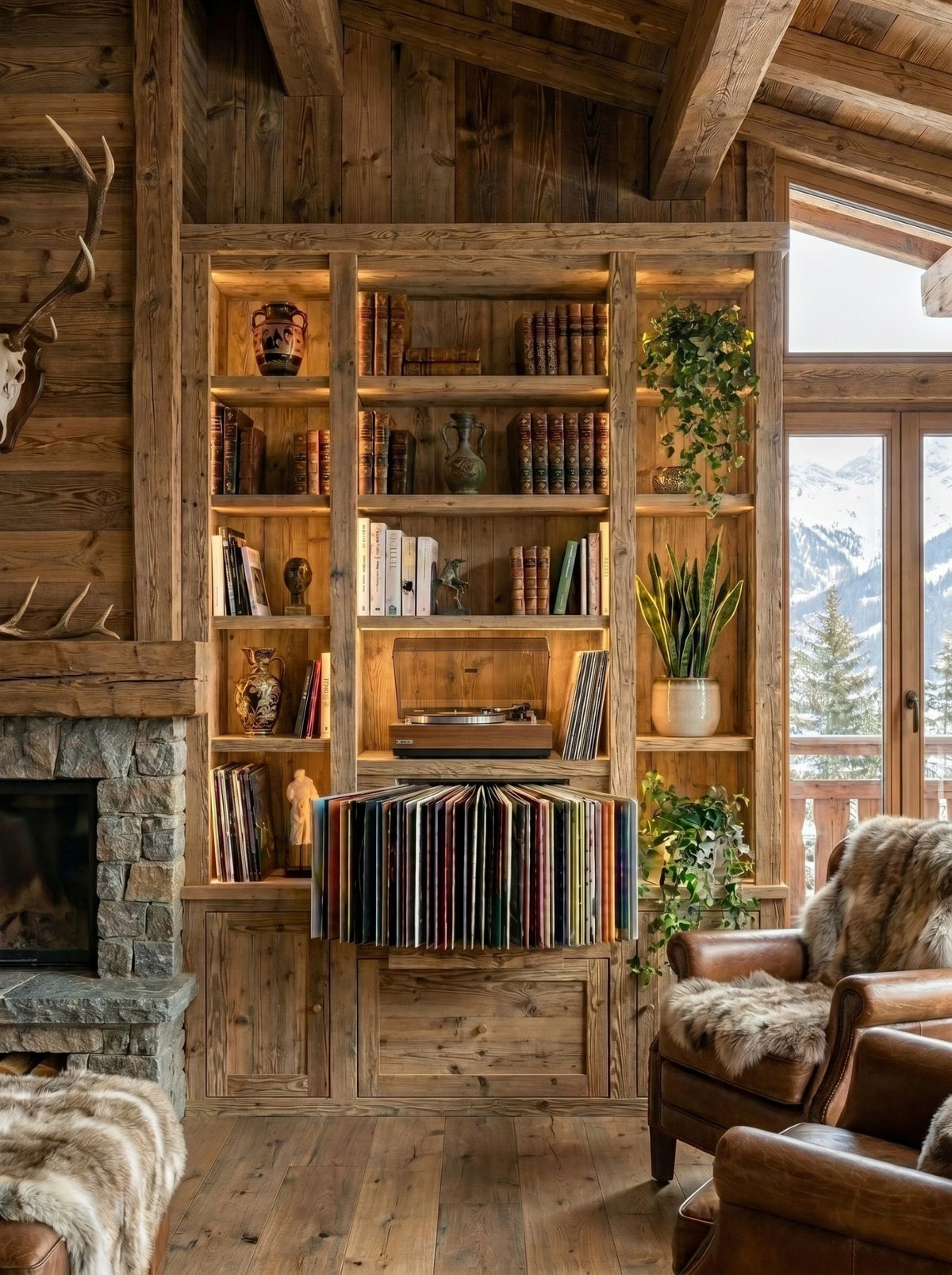 A Bloom fan-drawer built into a wooden bookcase in a mountain chalet interior — Groovaly