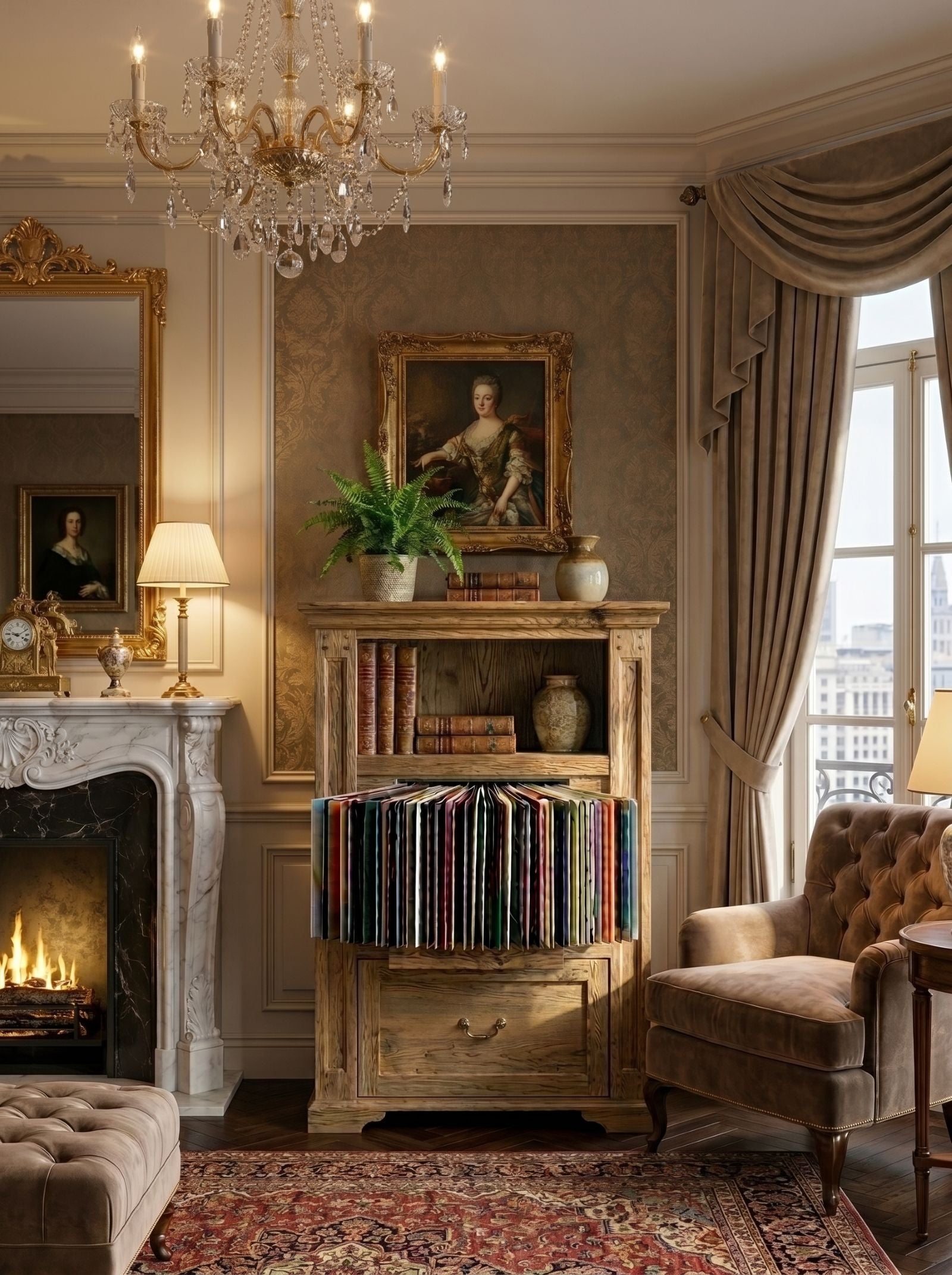 A Bloom fan-drawer built into a classic wooden cabinet, records fanned out, in an elegant Parisian living room — Groovaly