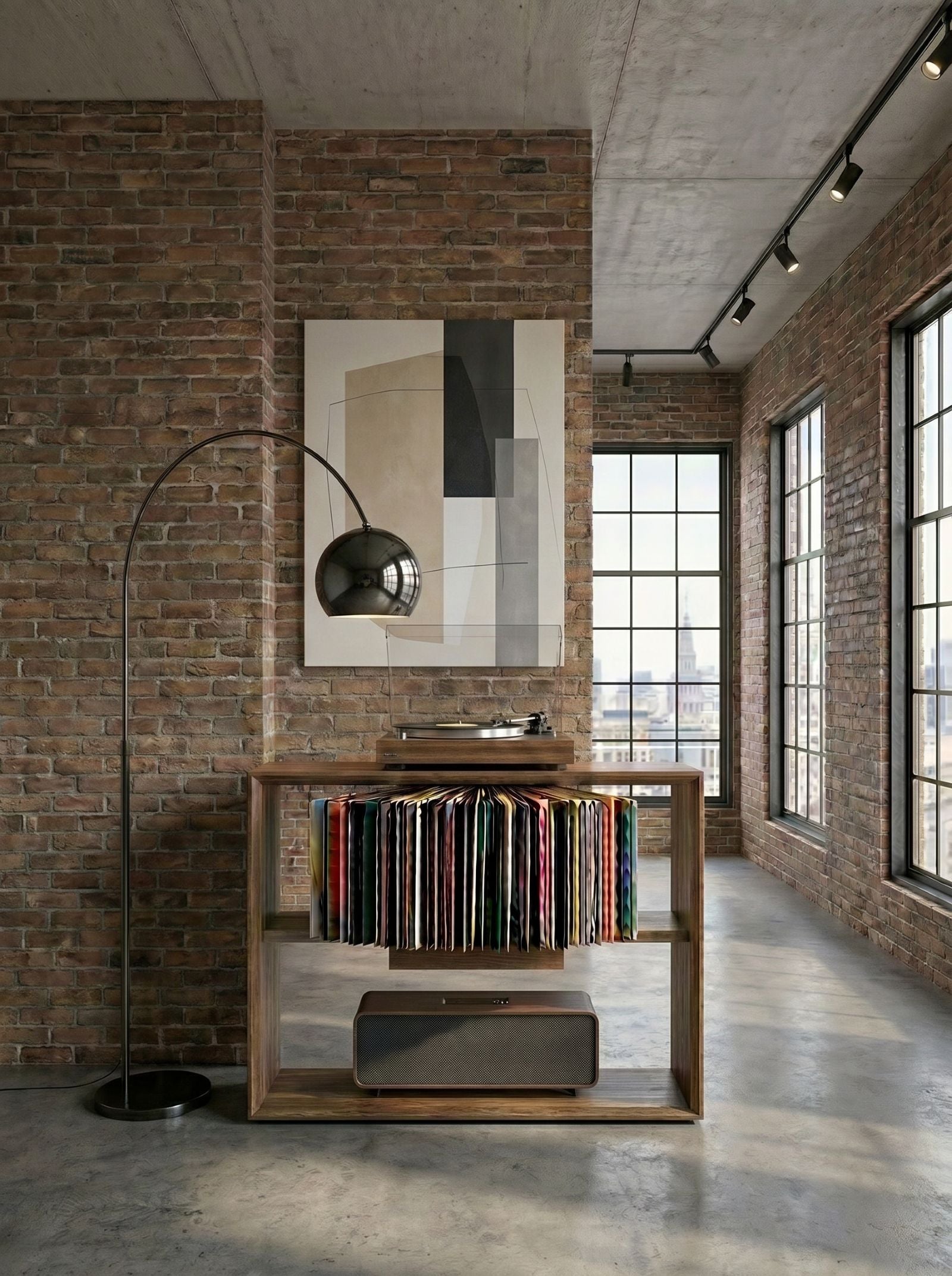 A Bloom fan-drawer built into a custom wooden console in a loft interior — Groovaly