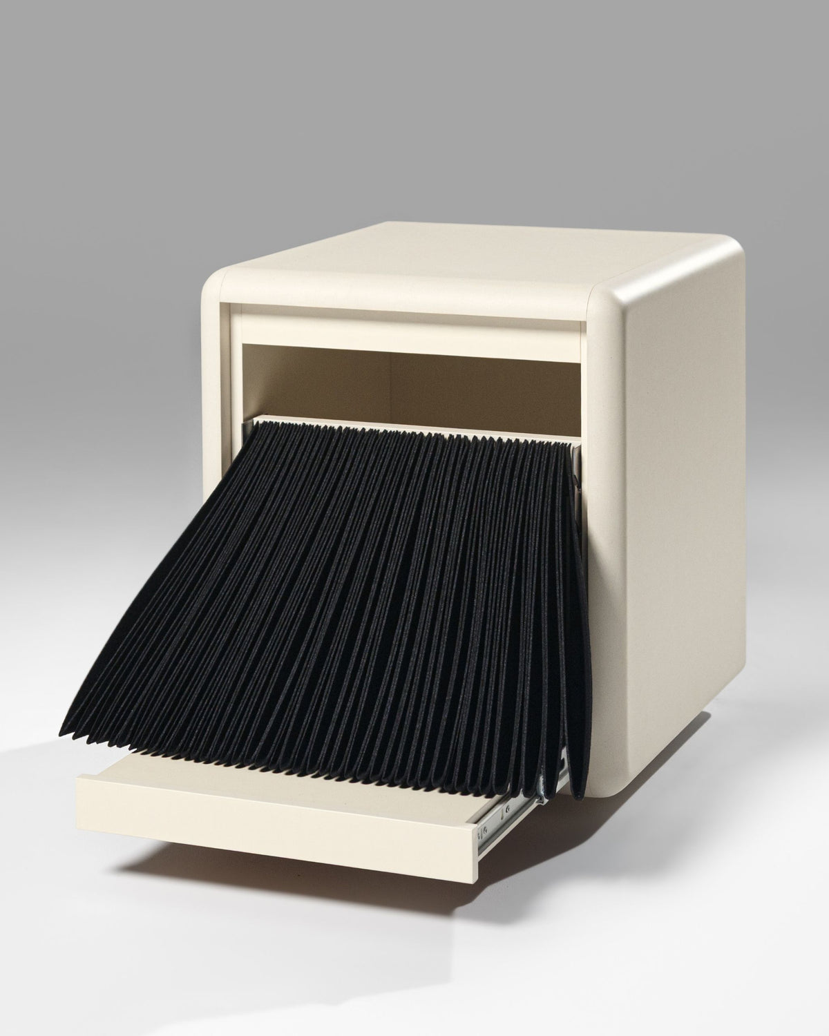 Bloom vinyl module in White Pearl, drawer open with the empty felt sleeves fanned out — Groovaly