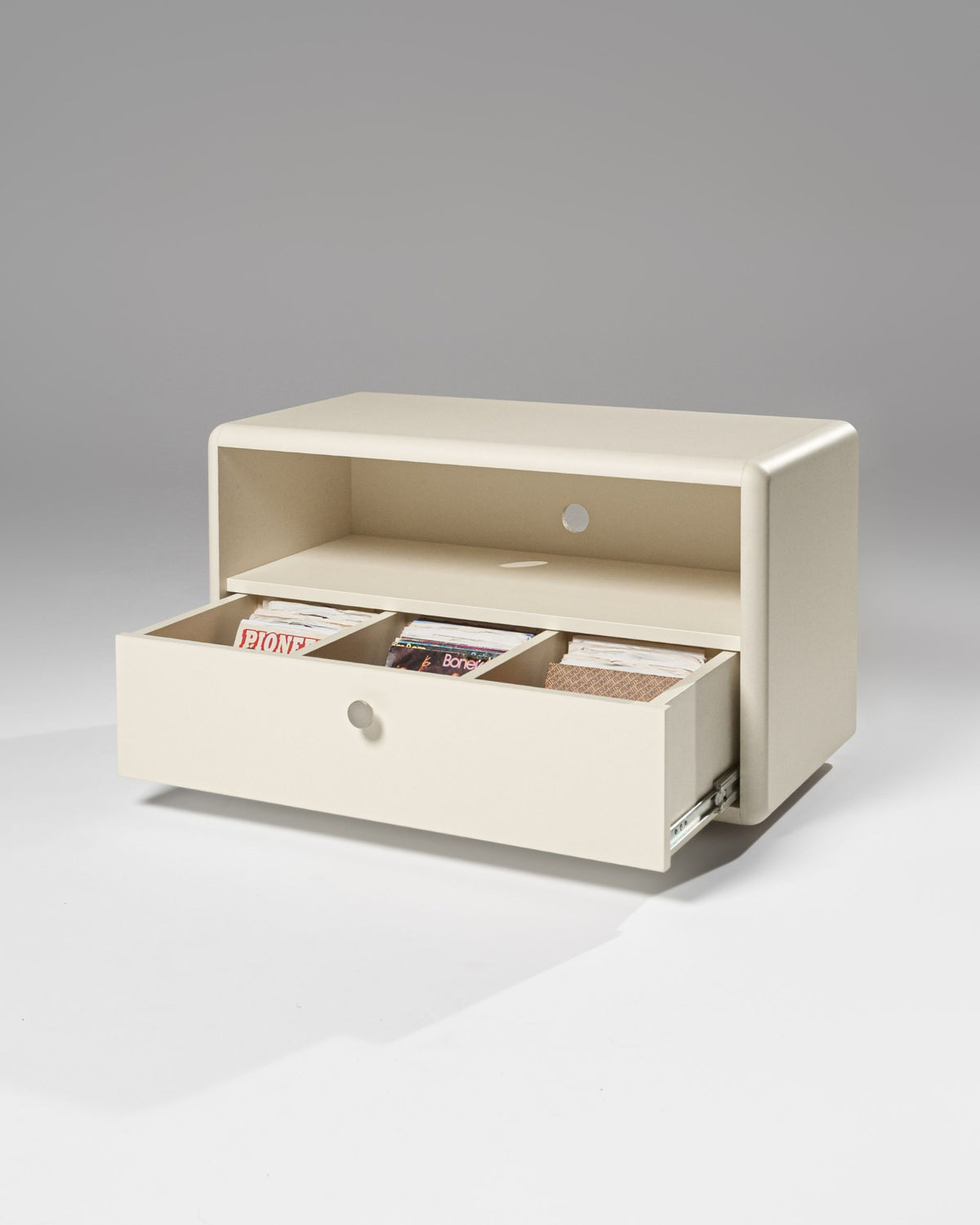 Chest module in White Pearl, drawer open showing 7-inch singles in three compartments, with an open shelf above — Groovaly