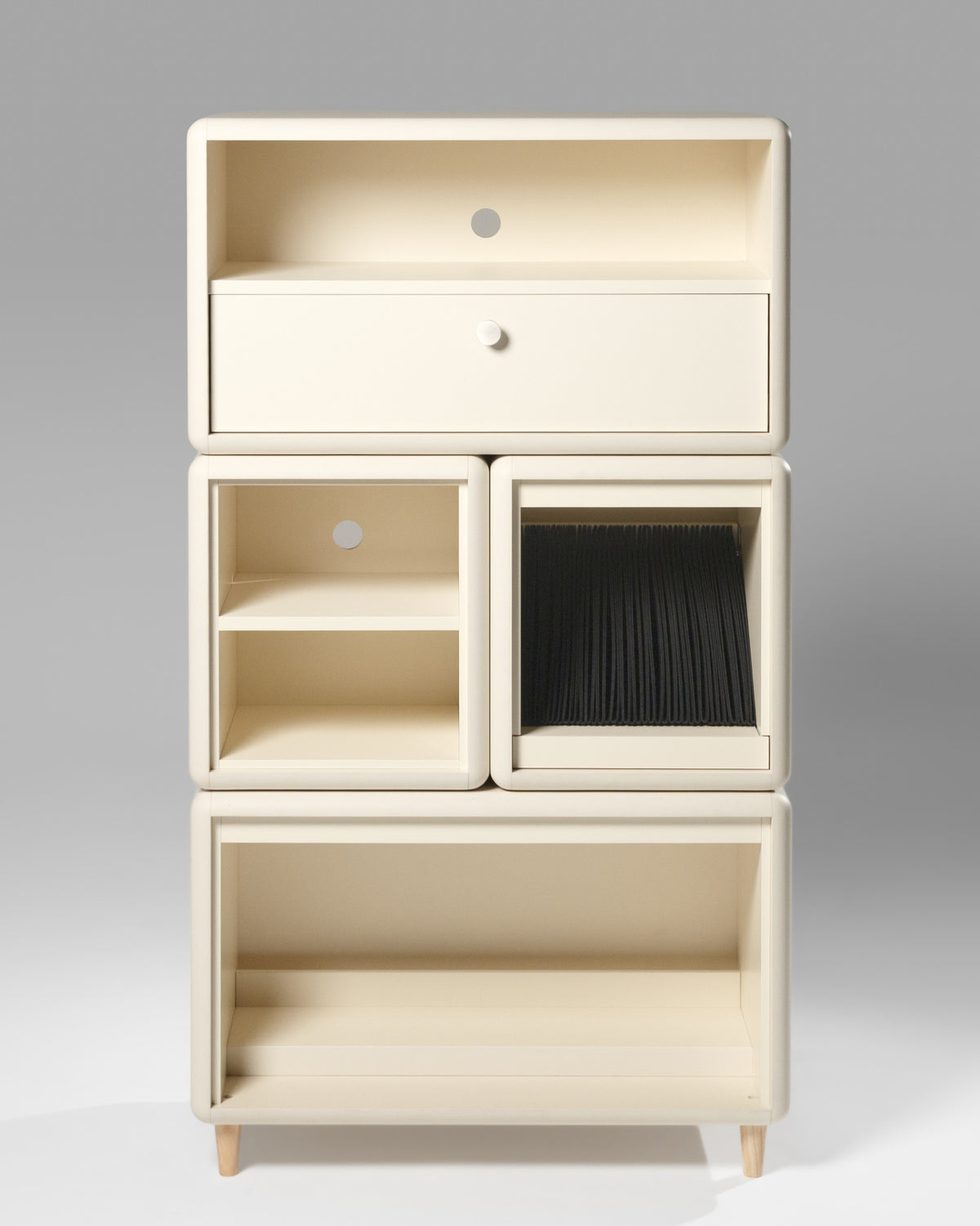 James in White Pearl from the front, the Chest, Split and closed Bloom drawer above an open Tilt bay — Groovaly