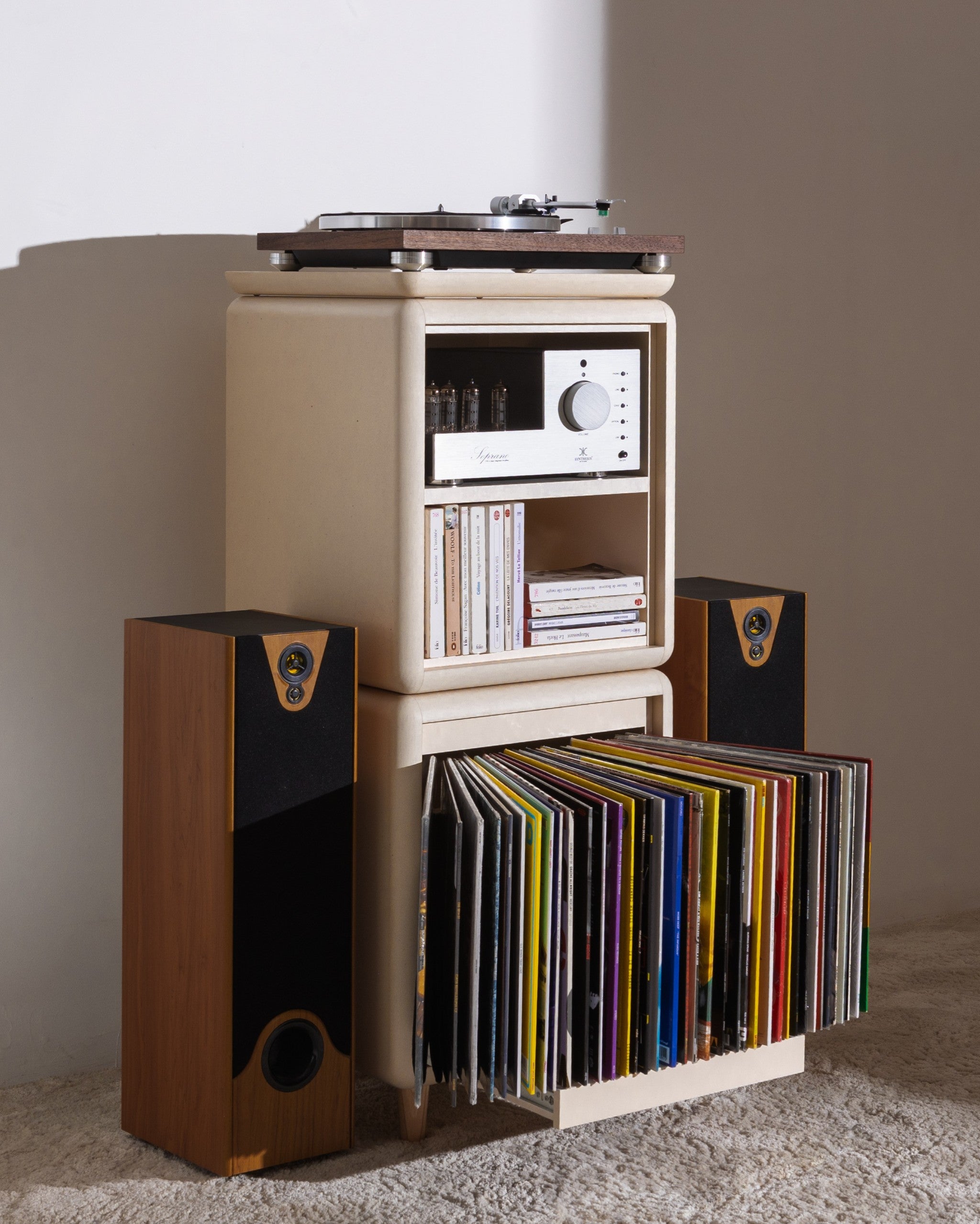 Janis in White Pearl, turntable on top, records fanned in the Bloom drawer below, styled in a room — Groovaly