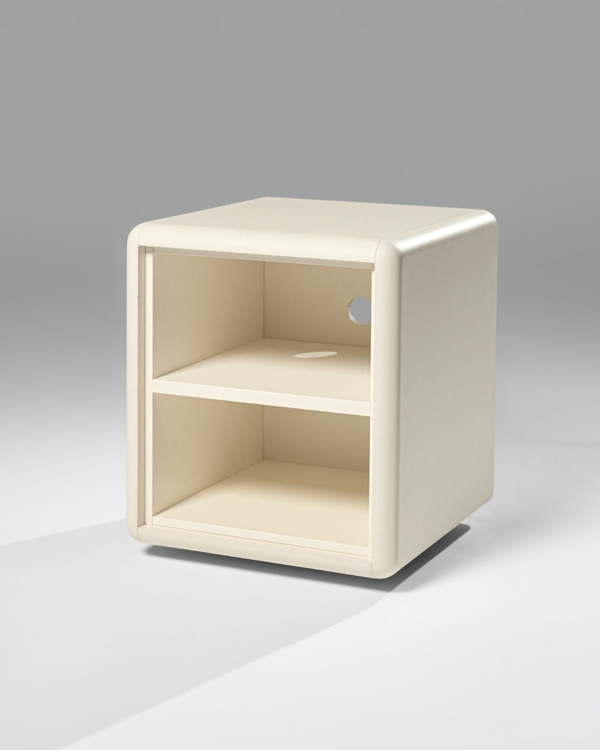 Split two-level module in White Pearl, three-quarter view, empty with its central shelf — Groovaly
