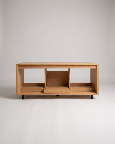 Bloom Console in a Corbridge oak finish from the front, empty, showing three bays and the Bloom drawer — Groovaly