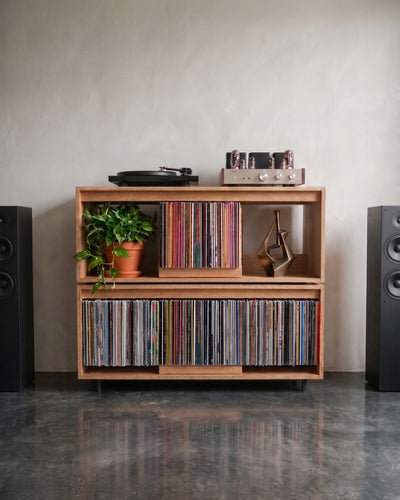 Two Bloom Consoles stacked in a Corbridge oak finish as a hi-fi cabinet, turntable and tube amp on top — Groovaly