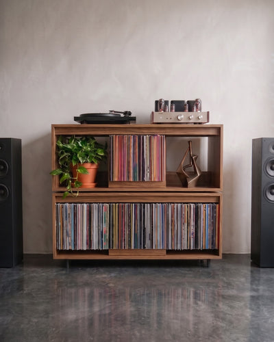 Two Bloom Consoles stacked in a walnut finish as a hi-fi cabinet, turntable and tube amp on top — Groovaly