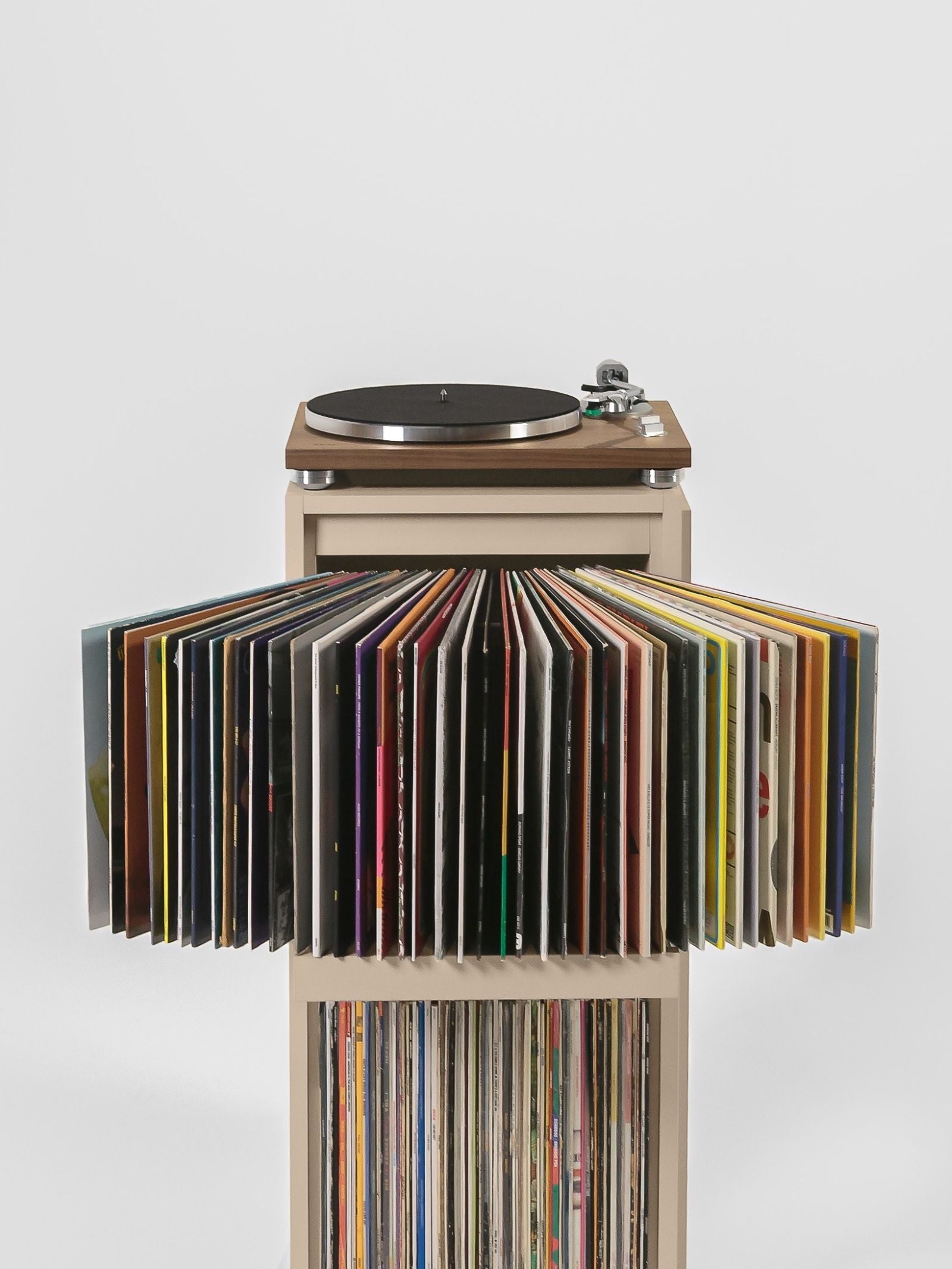 A Bloom fan-drawer fanned open below a turntable, in a custom-built record cabinet — Groovaly
