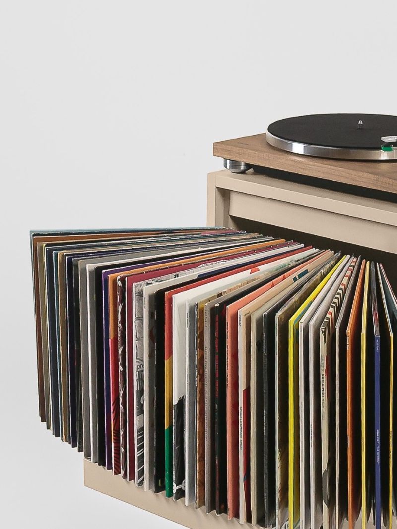 Close-up of a Bloom fan-drawer open, records fanned out, in a custom-built cabinet — Groovaly