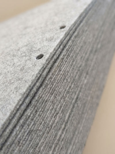 Close-up of the grey felt sleeves stacked, showing the holes that thread onto the rods — Groovaly