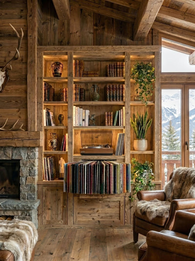 A Bloom fan-drawer built into a wooden bookcase in a mountain chalet interior — Groovaly