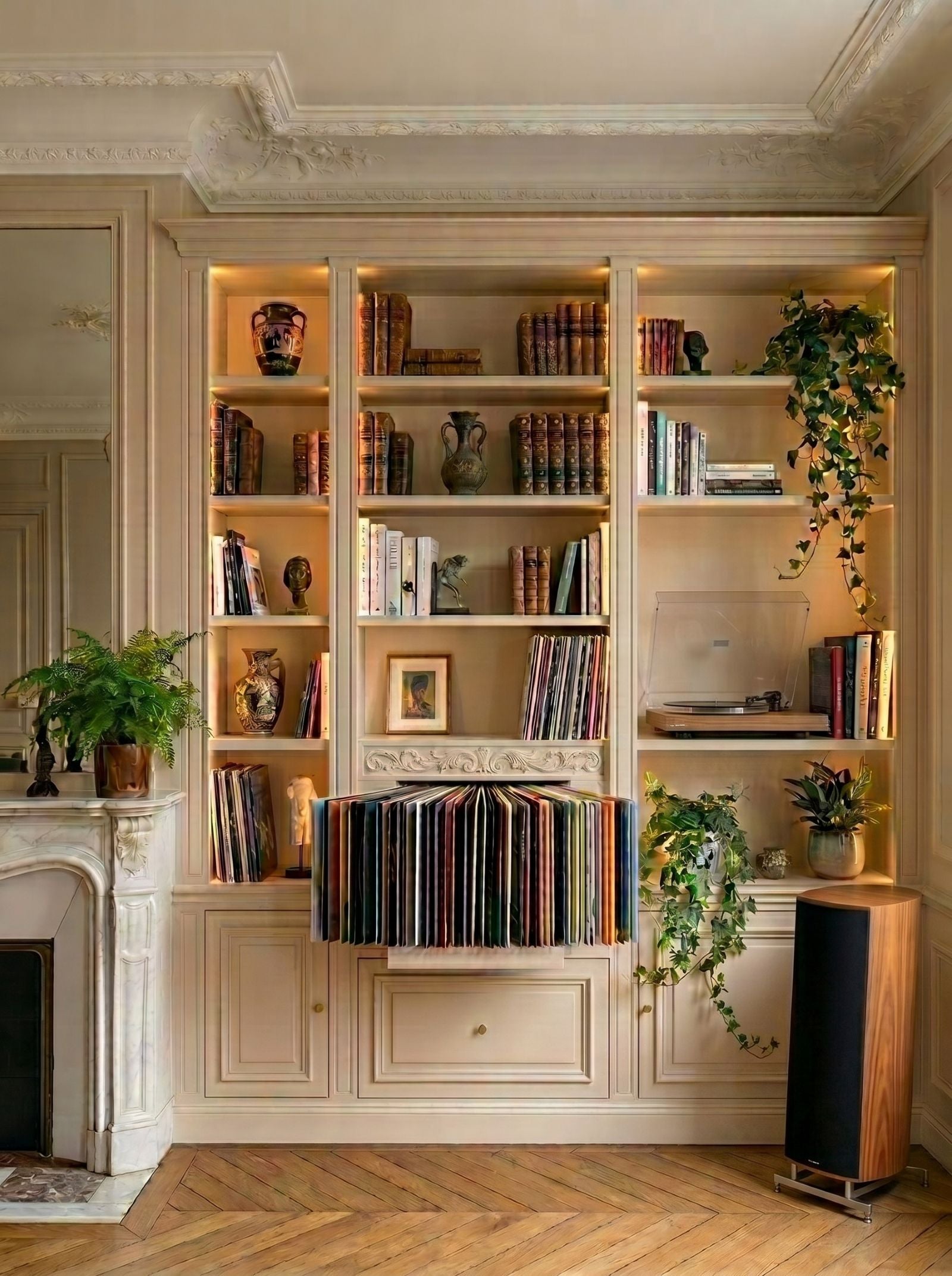 A Bloom fan-drawer built into a custom bookcase, records fanned out, in a Parisian interior — Groovaly