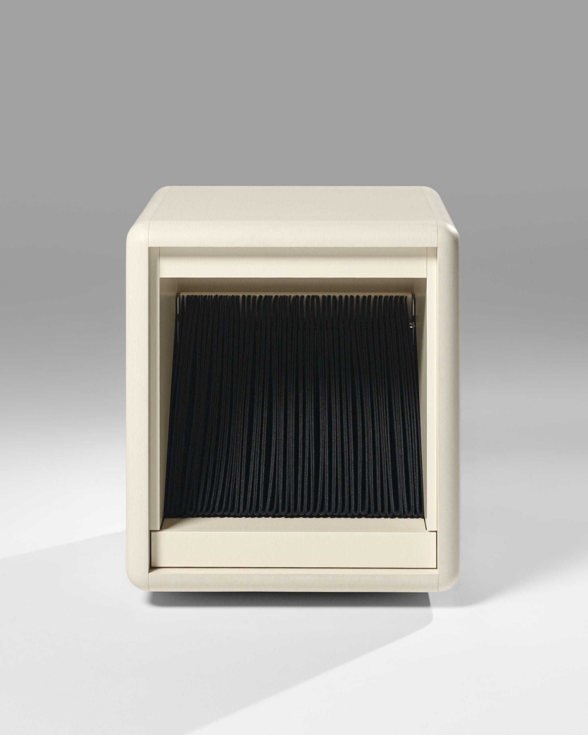 Bloom vinyl module in White Pearl, front view, empty, drawer closed — Groovaly