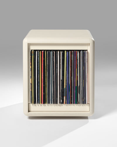 Bloom vinyl module in White Pearl, front view, filled with records, drawer closed — Groovaly