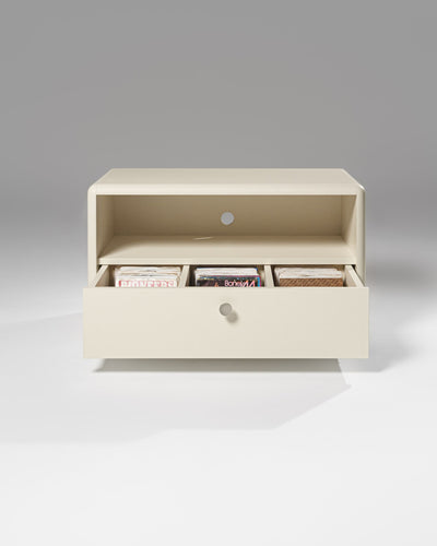 Chest module in White Pearl, front view, drawer open with 7-inch singles in three compartments — Groovaly