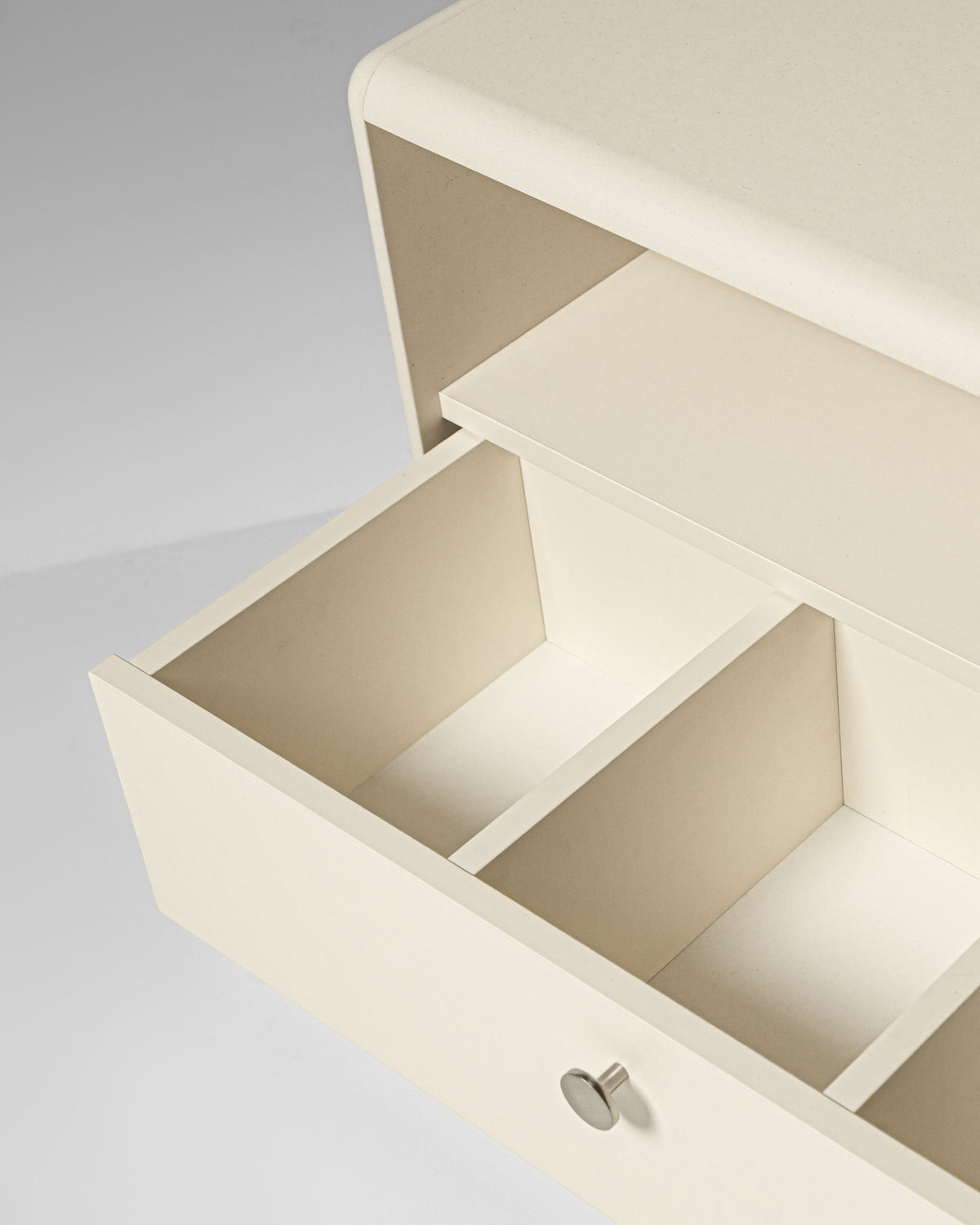Close-up of the Chest module in White Pearl, drawer open showing the three empty compartments — Groovaly