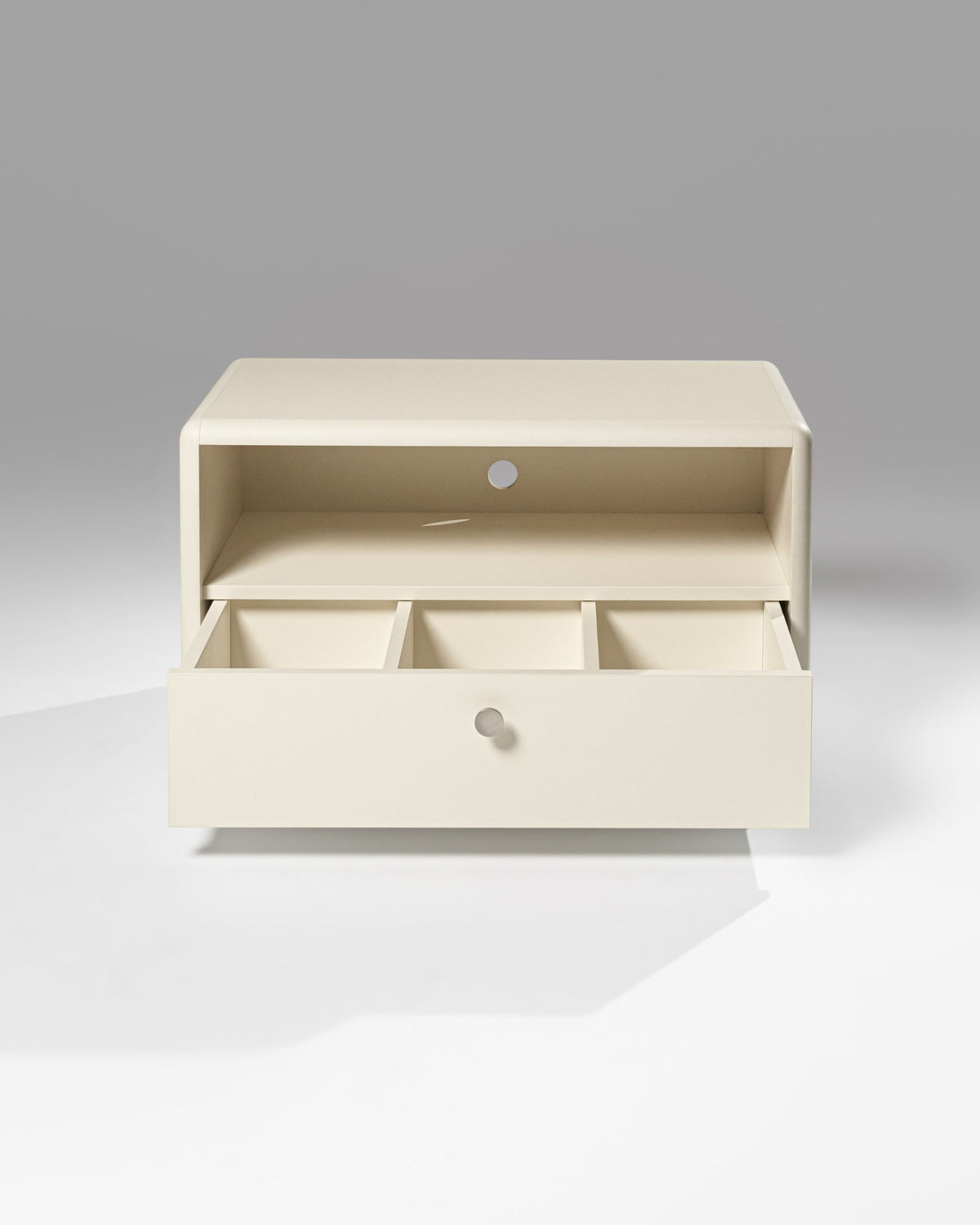 Chest module in White Pearl, drawer open showing three empty compartments, with an open shelf above — Groovaly