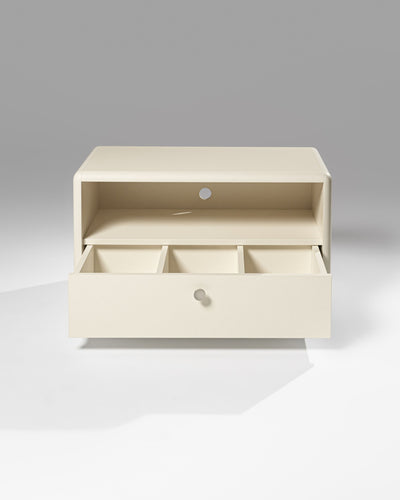 Chest module in White Pearl, drawer open showing three empty compartments, with an open shelf above — Groovaly