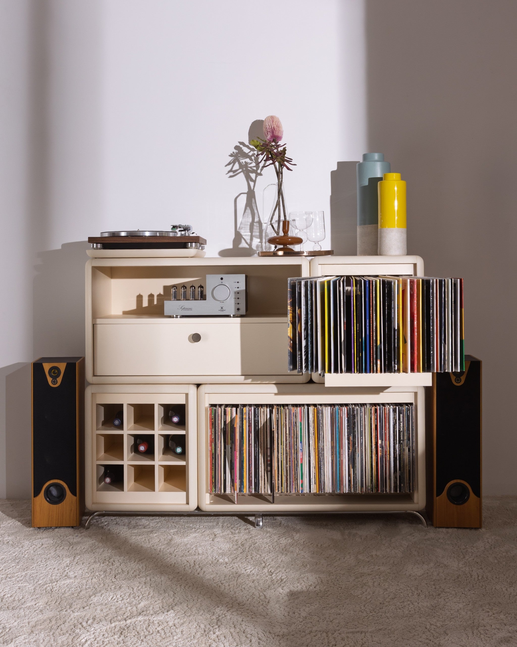 Curtis vinyl furniture in White Pearl, front view, Bloom fan-drawer open with records fanned out — Groovaly