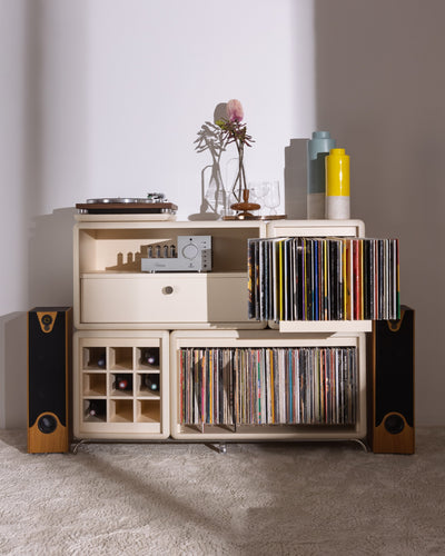 Curtis vinyl furniture in White Pearl, front view, Bloom fan-drawer open with records fanned out — Groovaly