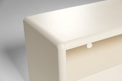 Close detail of a rounded corner and open shelf in matt White Pearl — Groovaly