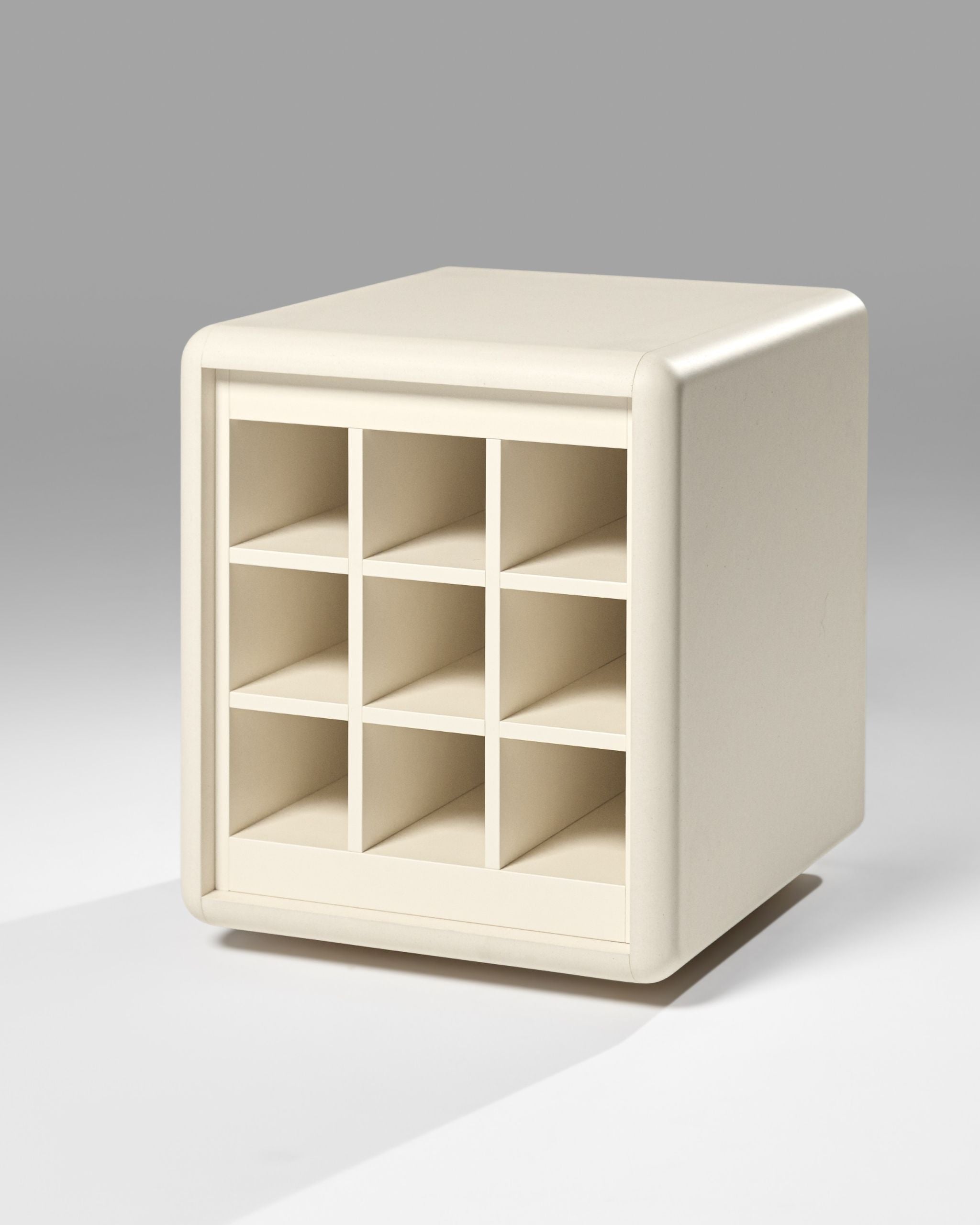 Grid wine module in White Pearl, three-quarter view, showing the nine bottle compartments — Groovaly