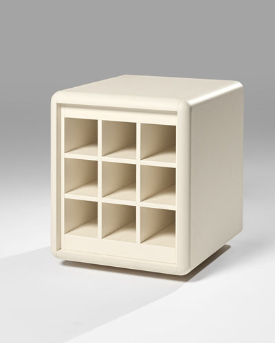 Grid wine module in White Pearl, three-quarter view, showing the nine bottle compartments — Groovaly