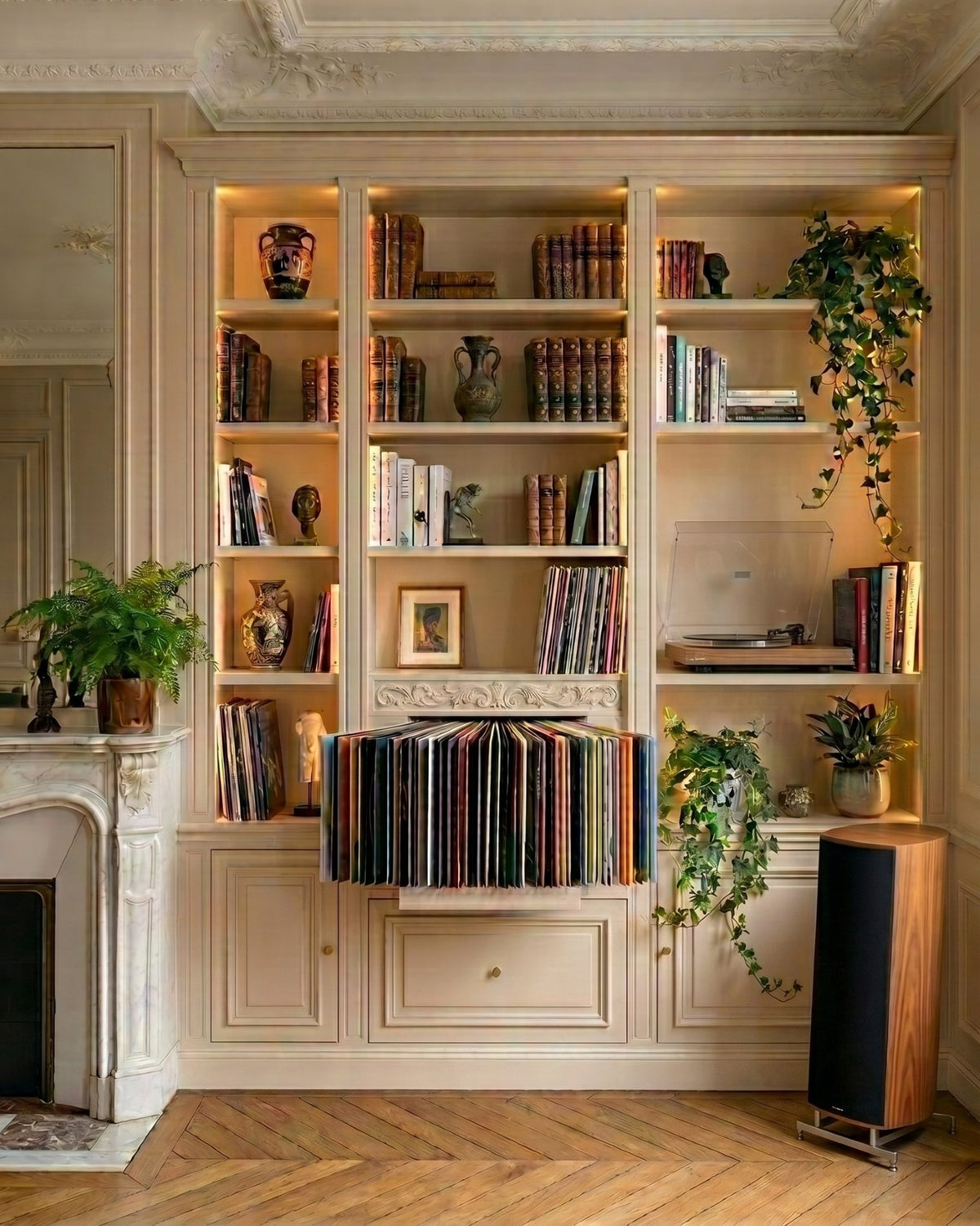 A Bloom Kit fitted into a classic bookcase, records fanned out, in a Parisian interior — Groovaly