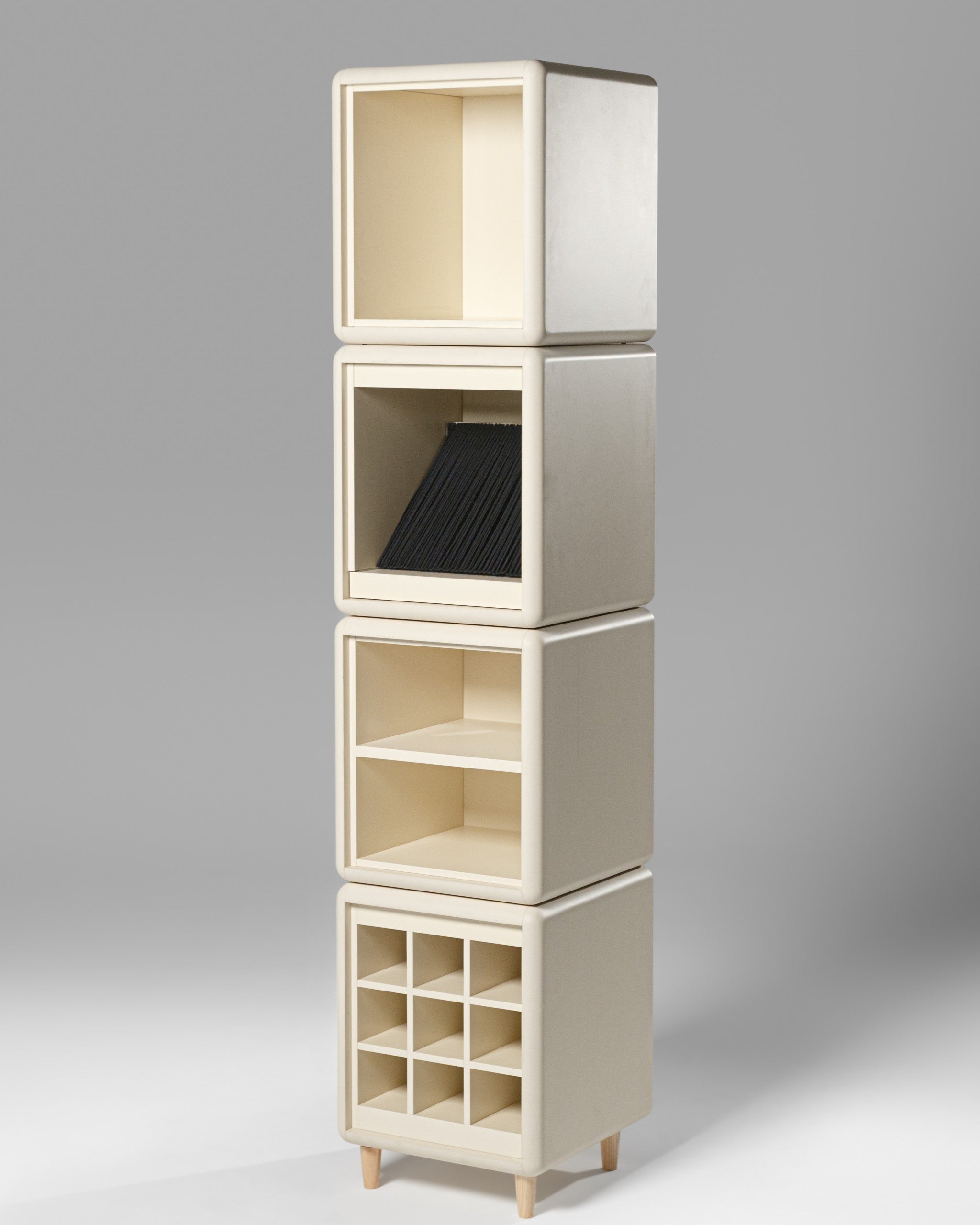 Lou in White Pearl, a four-module tower on feet, shown in studio — Groovaly