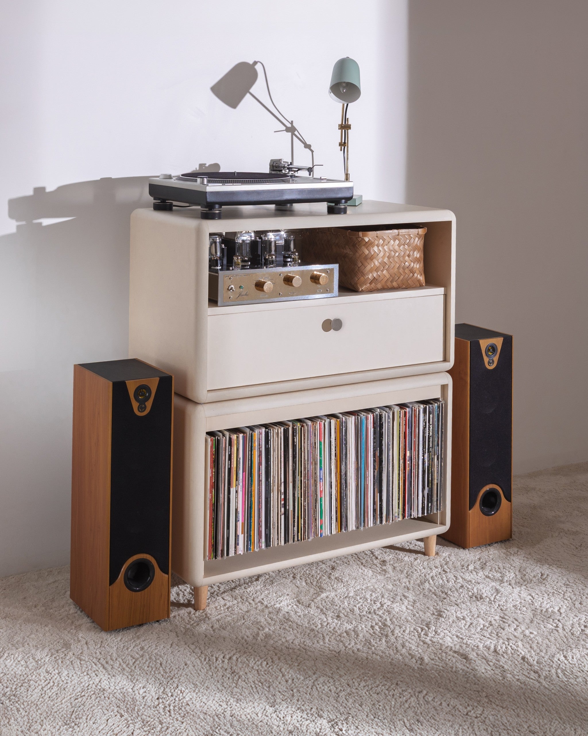 Maceo in White Pearl: a Chest on a Tilt, with turntable and amp on top and records below — Groovaly