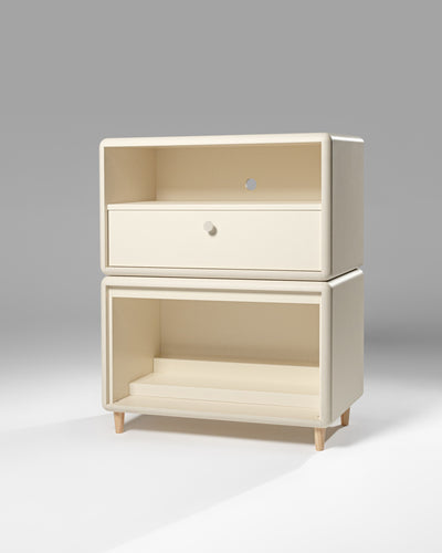 Maceo in White Pearl — a Chest on a Tilt — shown empty on feet against a studio background — Groovaly