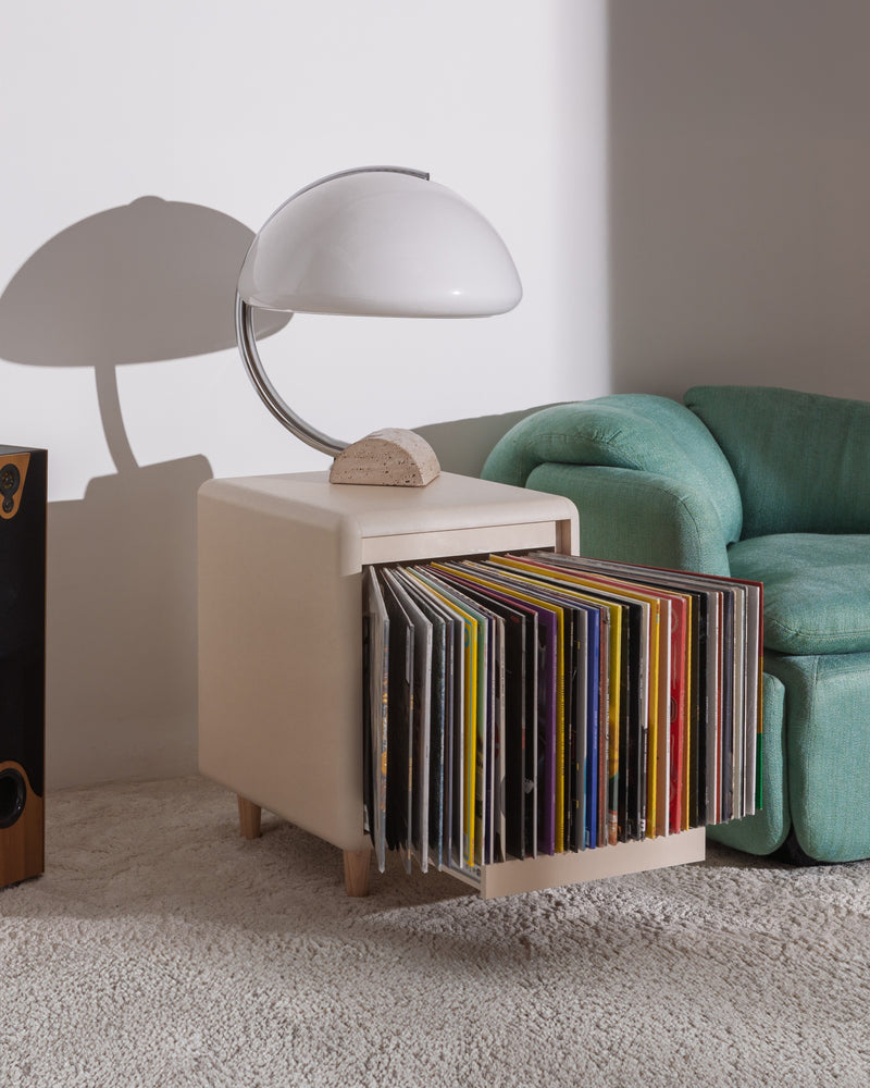 Otis vinyl furniture in White Pearl, Bloom fan-drawer open with records, in a living room — Groovaly