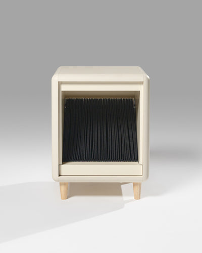 Otis vinyl furniture in White Pearl, front view, showing the empty felt sleeves inside — Groovaly