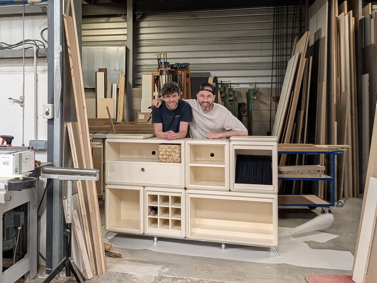 Franck and Romain in the MS ébénisterie workshop with a Golden Age composition — Groovaly