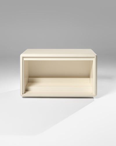 Tilt wide vinyl module in White Pearl, front view, empty, showing the raised rear base — Groovaly