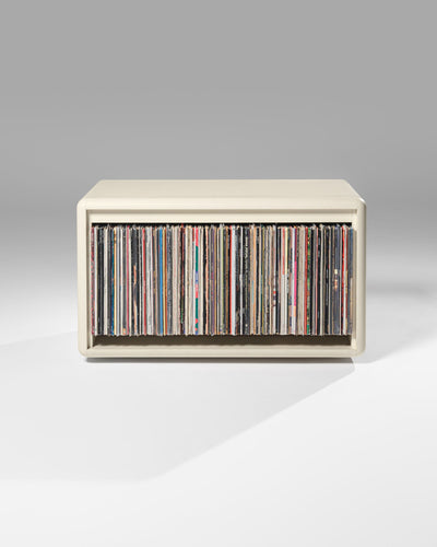 Tilt wide vinyl module in White Pearl, front view, filled with records — Groovaly